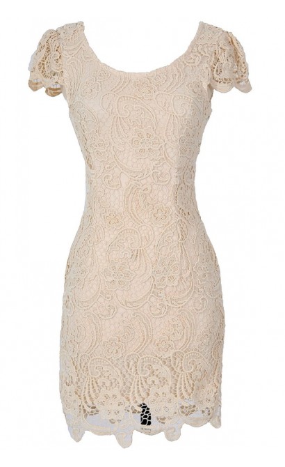 Nila Crochet Lace Capsleeve Pencil Dress in Beige